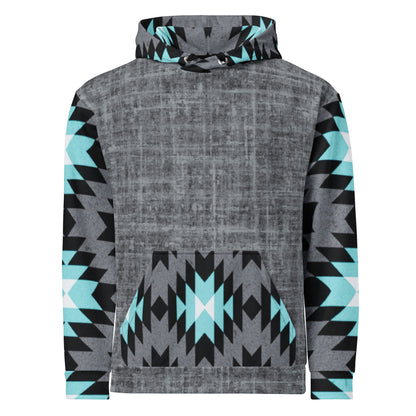 A custom unisex handmade hoodie with the front and the back of the hoodie being a washed grey pattern with the sleeves, hood and the front kangaroo pocket is a blue, black, grey and white Aztec western pattern that really pop next to the grey.