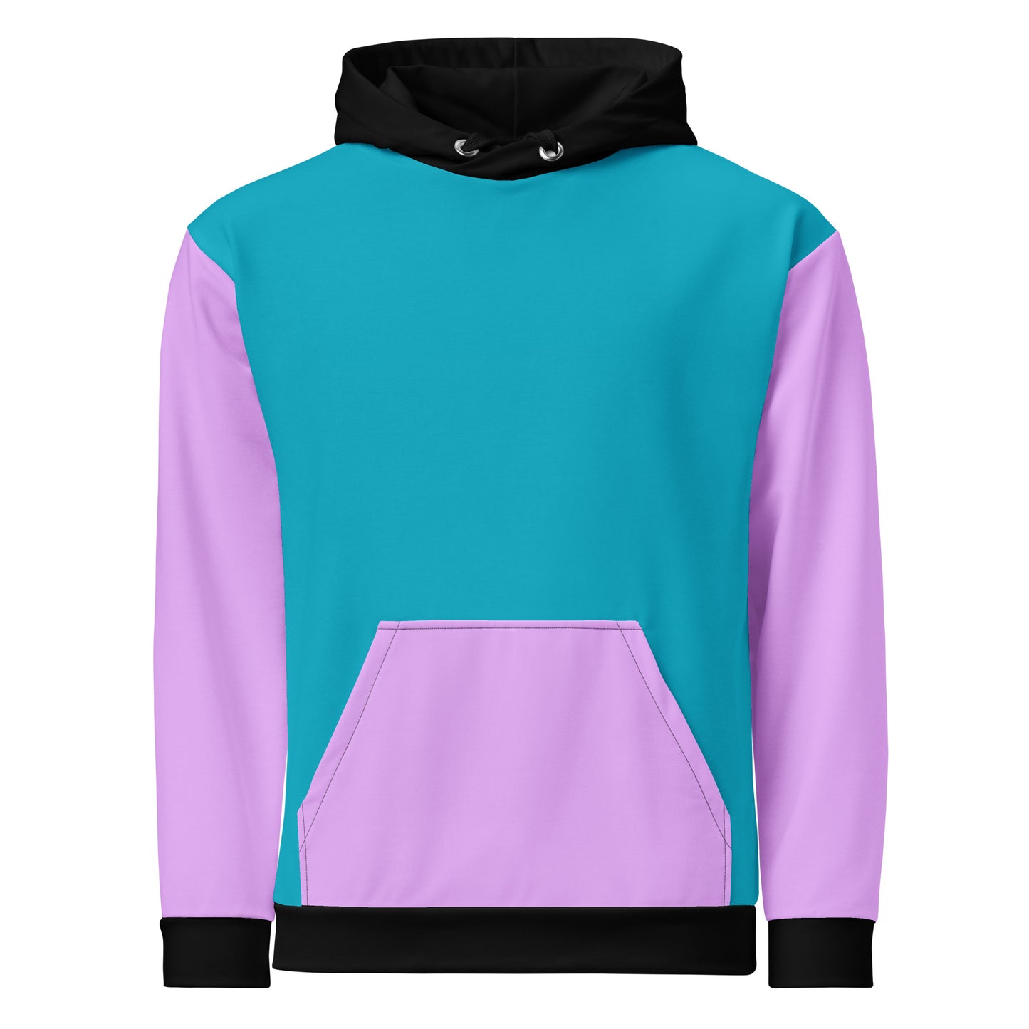 A custom handmade unisex pullover hoodie that has a bright turquoise blue front and back with a lilac purple front kangaroo pocket and sleeves, the cuffs  of the sleeves and the bottom cuff are all black along with the hood and the strings as well are black in color.