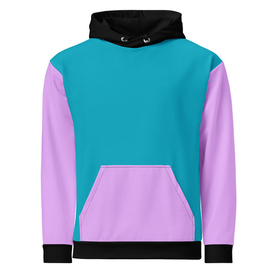 A custom handmade unisex pullover hoodie that has a bright turquoise blue front and back with a lilac purple front kangaroo pocket and sleeves, the cuffs  of the sleeves and the bottom cuff are all black along with the hood and the strings as well are black in color.