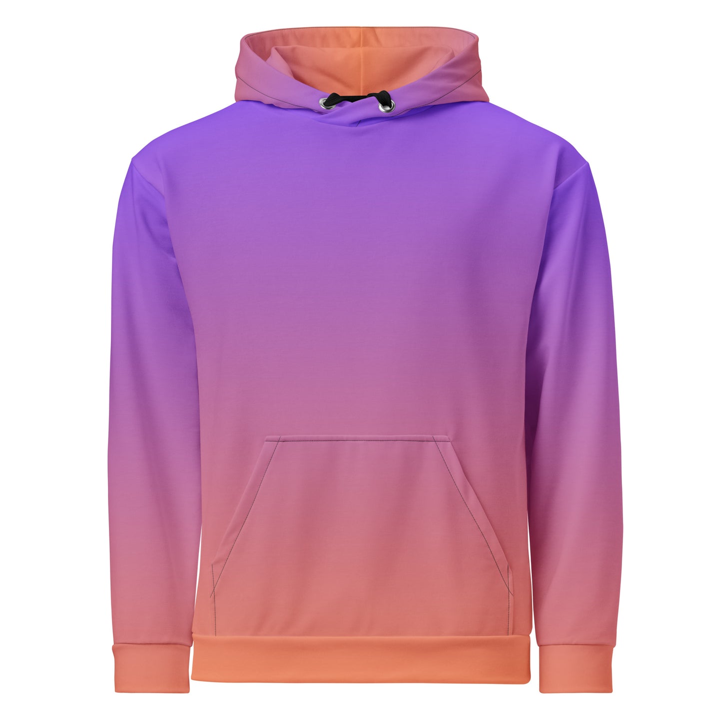 This custom handmade hooded sweatshirt has a ombre design with the top of the hoodie being a bright purple color then it fading to a bright peach color at the bottom of the hoodie, it comes with black strings.