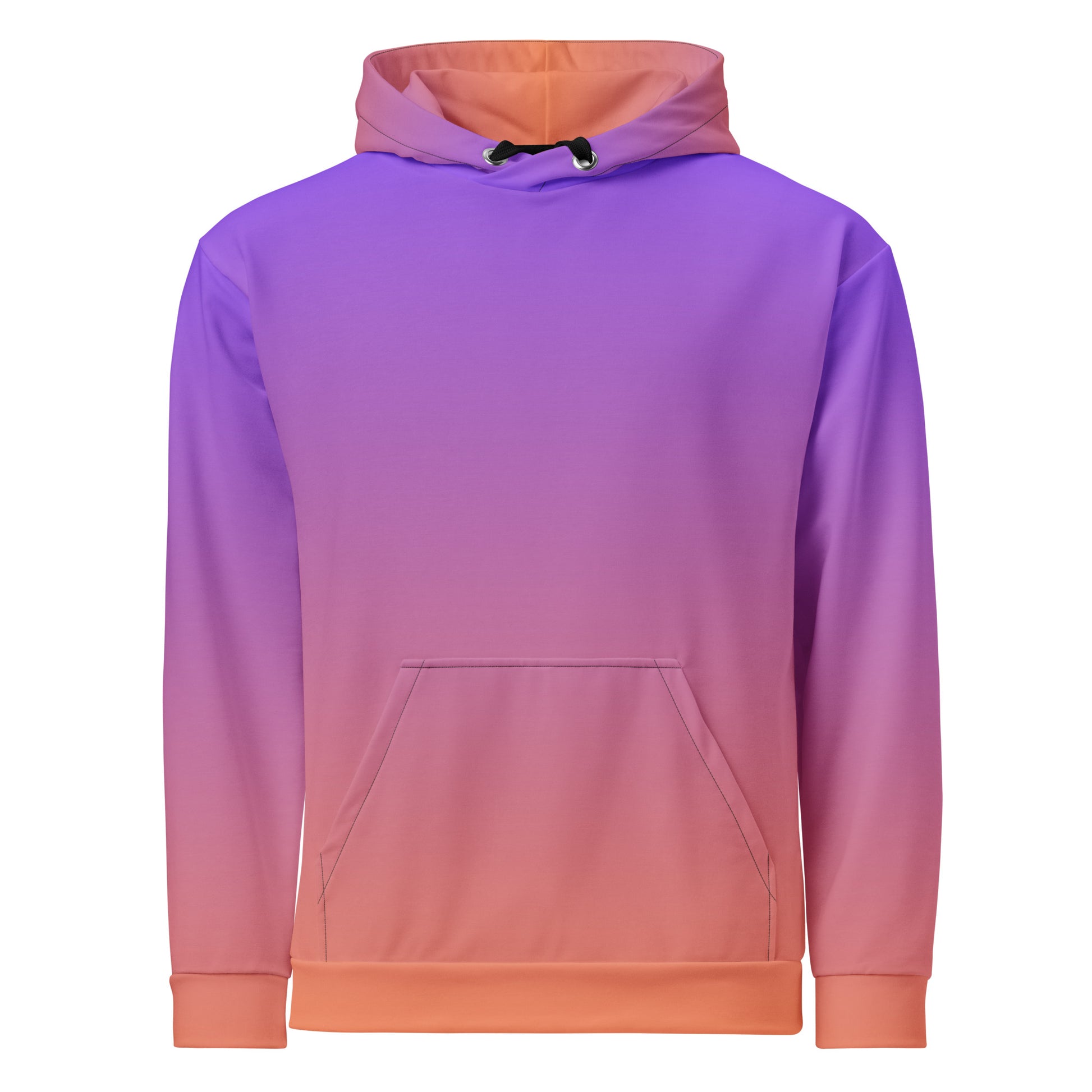 This custom handmade hooded sweatshirt has a ombre design with the top of the hoodie being a bright purple color then it fading to a bright peach color at the bottom of the hoodie, it comes with black strings.