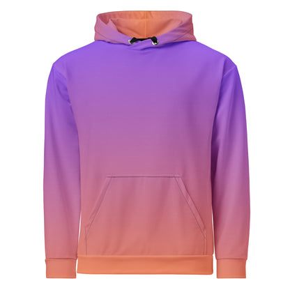 This custom handmade hooded sweatshirt has a ombre design with the top of the hoodie being a bright purple color then it fading to a bright peach color at the bottom of the hoodie, it comes with black strings.