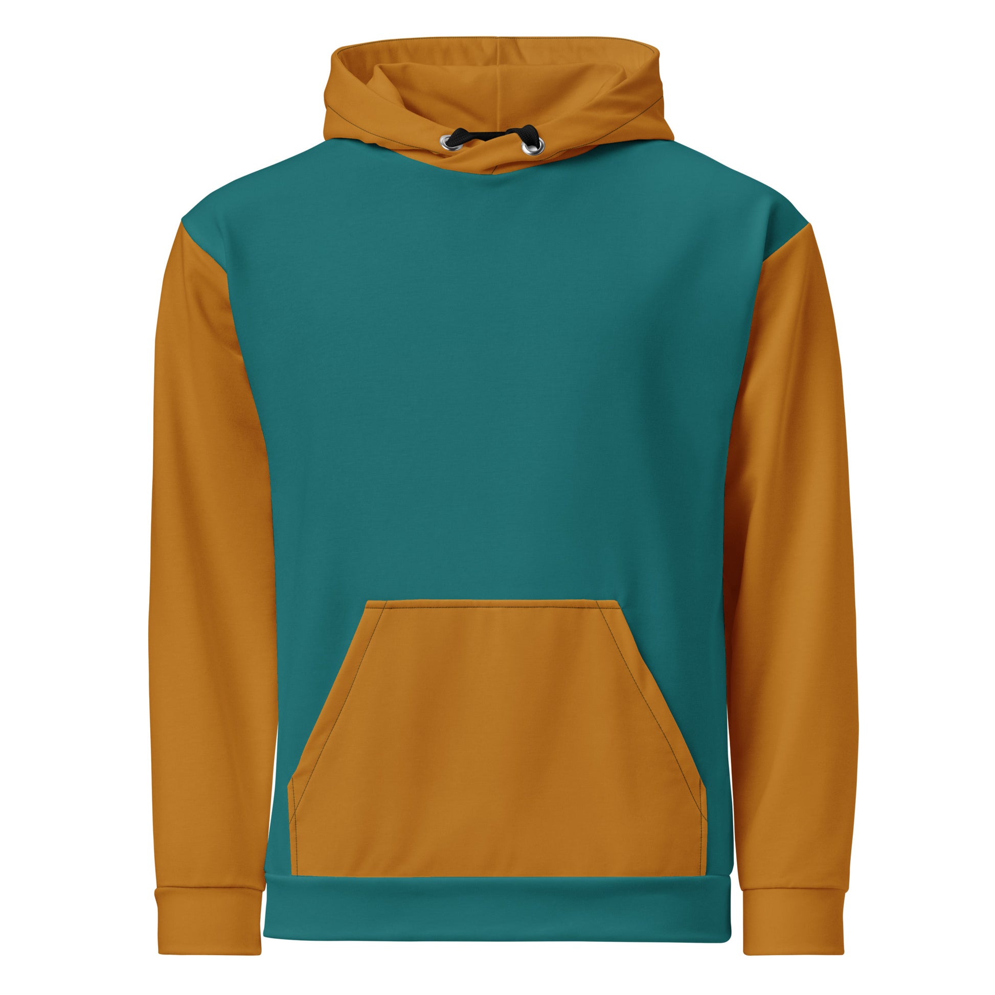 A custom handmade unisex pullover hoodie that has a color block design with the front and the back of the hoodie being a bright teal in color then the sleeves, hood and the front pocket are a deep gold color.