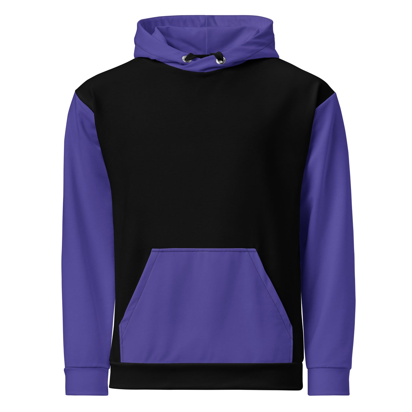 This custom handmade hoodie has a unique color block design with the front and back of the hoodie being black, the sleeves, front pocket and the hood of the sweater are all a dark ocean blue in color.