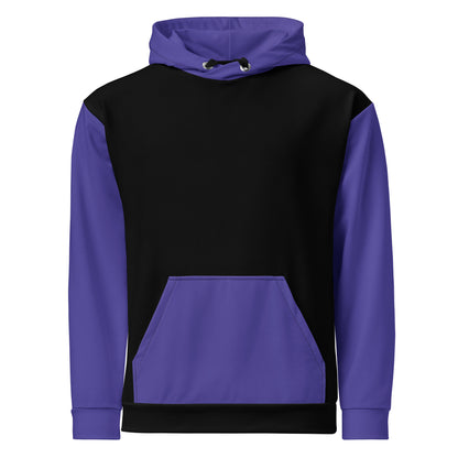 This custom handmade hoodie has a unique color block design with the front and back of the hoodie being black, the sleeves, front pocket and the hood of the sweater are all a dark ocean blue in color.