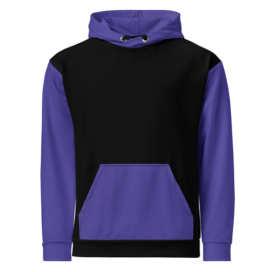 This custom handmade hoodie has a unique color block design with the front and back of the hoodie being black, the sleeves, front pocket and the hood of the sweater are all a dark ocean blue in color.