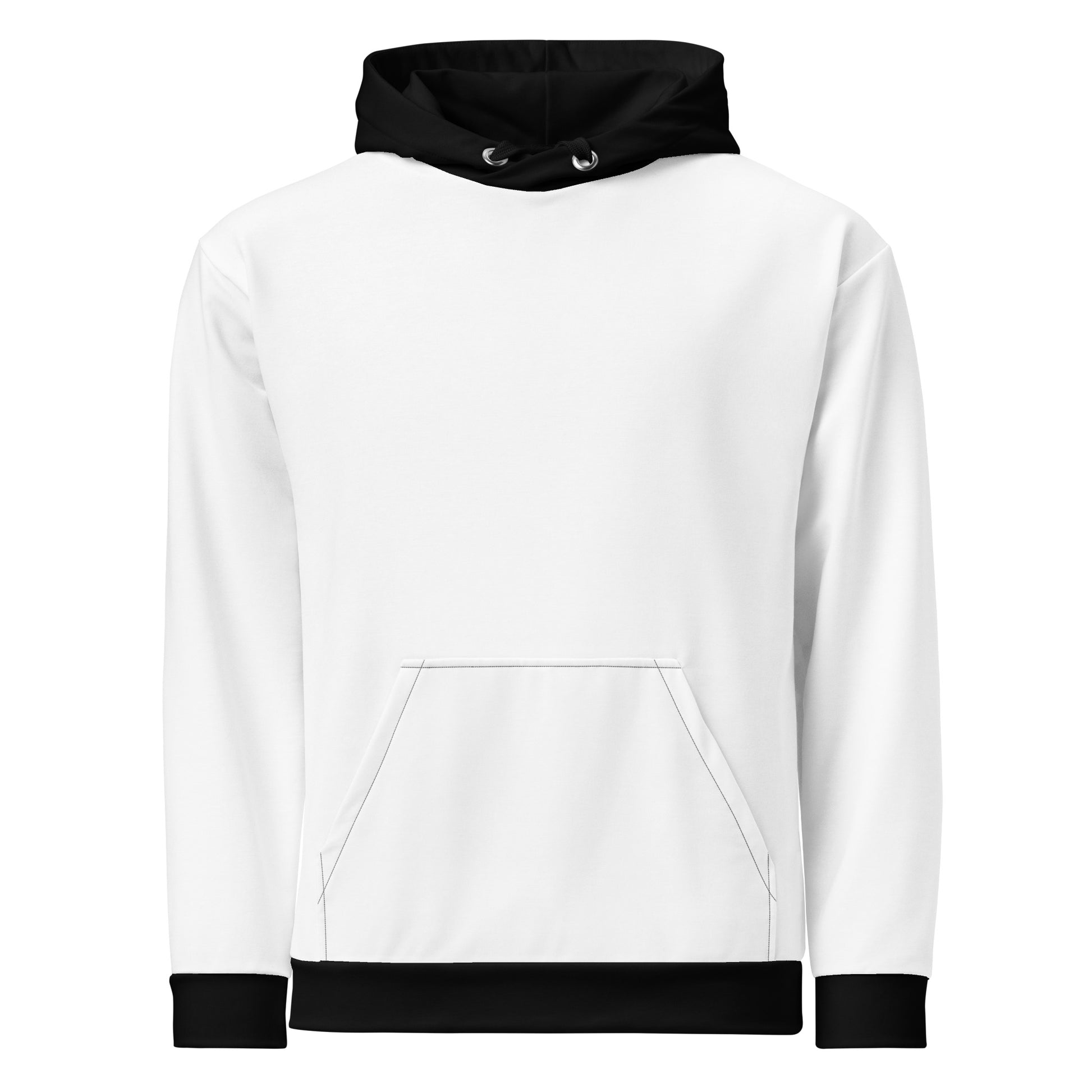 This custom handmade unisex color block hoodie is all white except for the cuffs of each sleeve, the bottom and the hood, along with the strings which are all black.