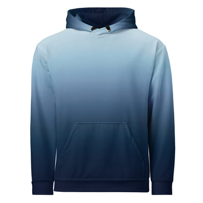 A custom handmade unisex pullover hooded sweatshirt with an ombre design with the top of the hoodie being a very light blue color then it slowly shifting to a navy blue at the bottom of the hoodie.