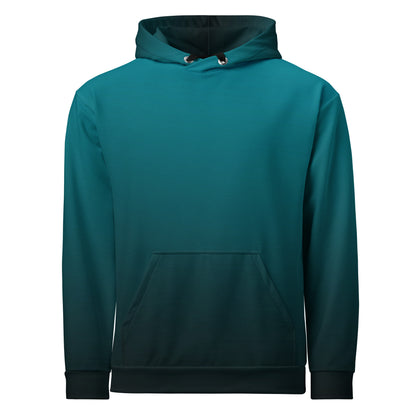 This custom handmade unisex hooded sweatshirt has an ombre pattern with the top of the hoodie being a bright turquoise blue then it fading to a black at the bottom of the hoodie, the strings on the sweater are black to match the bottom.