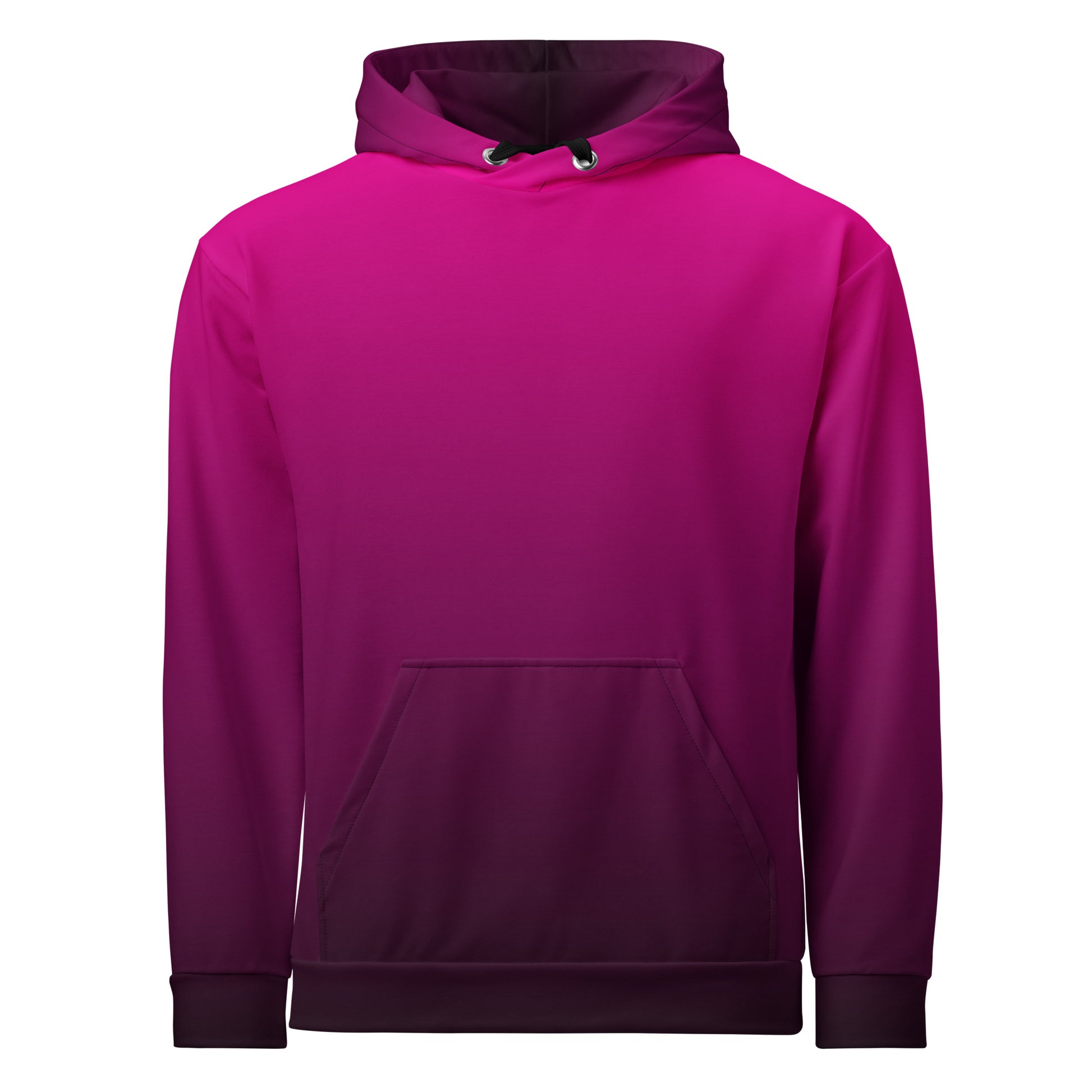 A handmade custom women's pullover hooded sweatshirt that has an ombre design with the top of the hoodie being a bright hot pink then it gradually fading to a very deep purple at the bottom of the hoodie.