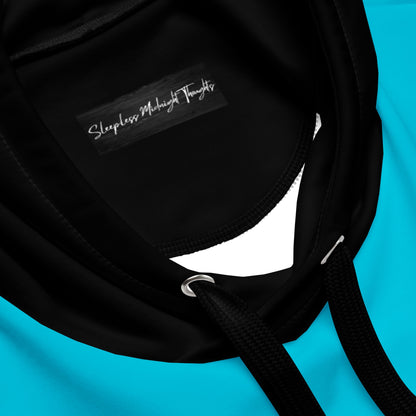 A custom handmade unisex pullover hoodie that has a bright turquoise blue front and back with a lilac purple front kangaroo pocket and sleeves, the cuffs  of the sleeves and the bottom cuff are all black along with the hood and the strings as well are black in color.