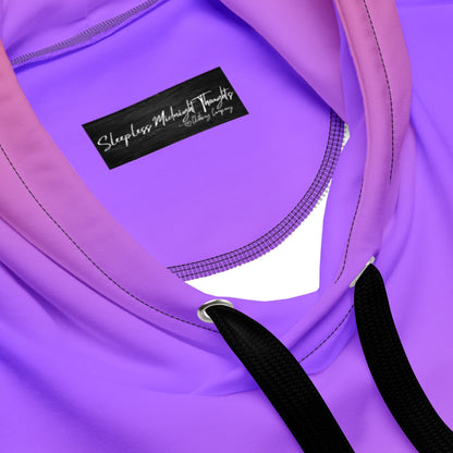 This custom handmade hooded sweatshirt has a ombre design with the top of the hoodie being a bright purple color then it fading to a bright peach color at the bottom of the hoodie, it comes with black strings.