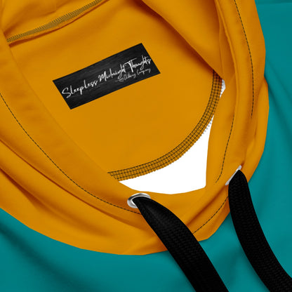 A custom handmade unisex pullover hoodie that has a color block design with the front and the back of the hoodie being a bright teal in color then the sleeves, hood and the front pocket are a deep gold color.