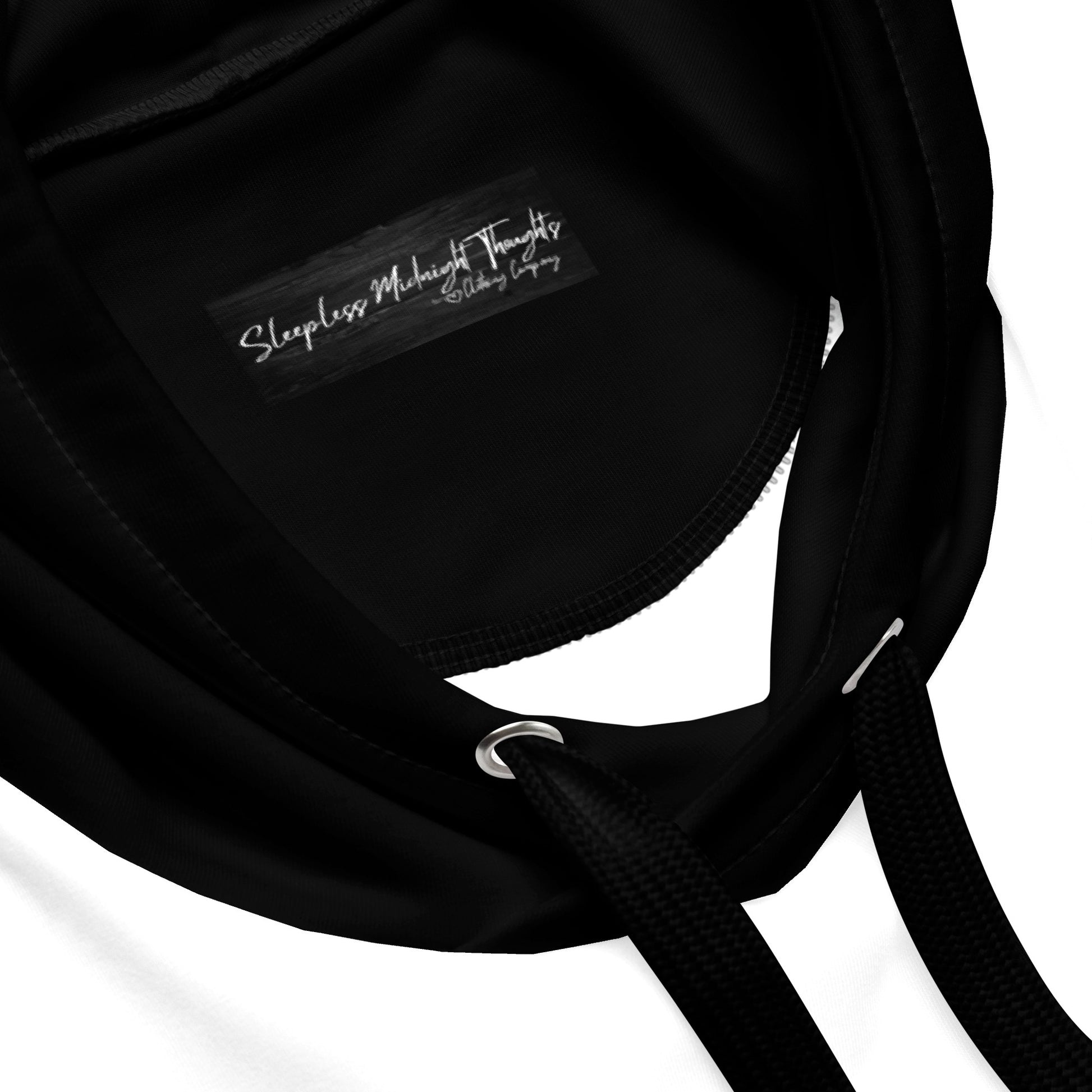 This custom handmade unisex color block hoodie is all white except for the cuffs of each sleeve, the bottom and the hood, along with the strings which are all black.