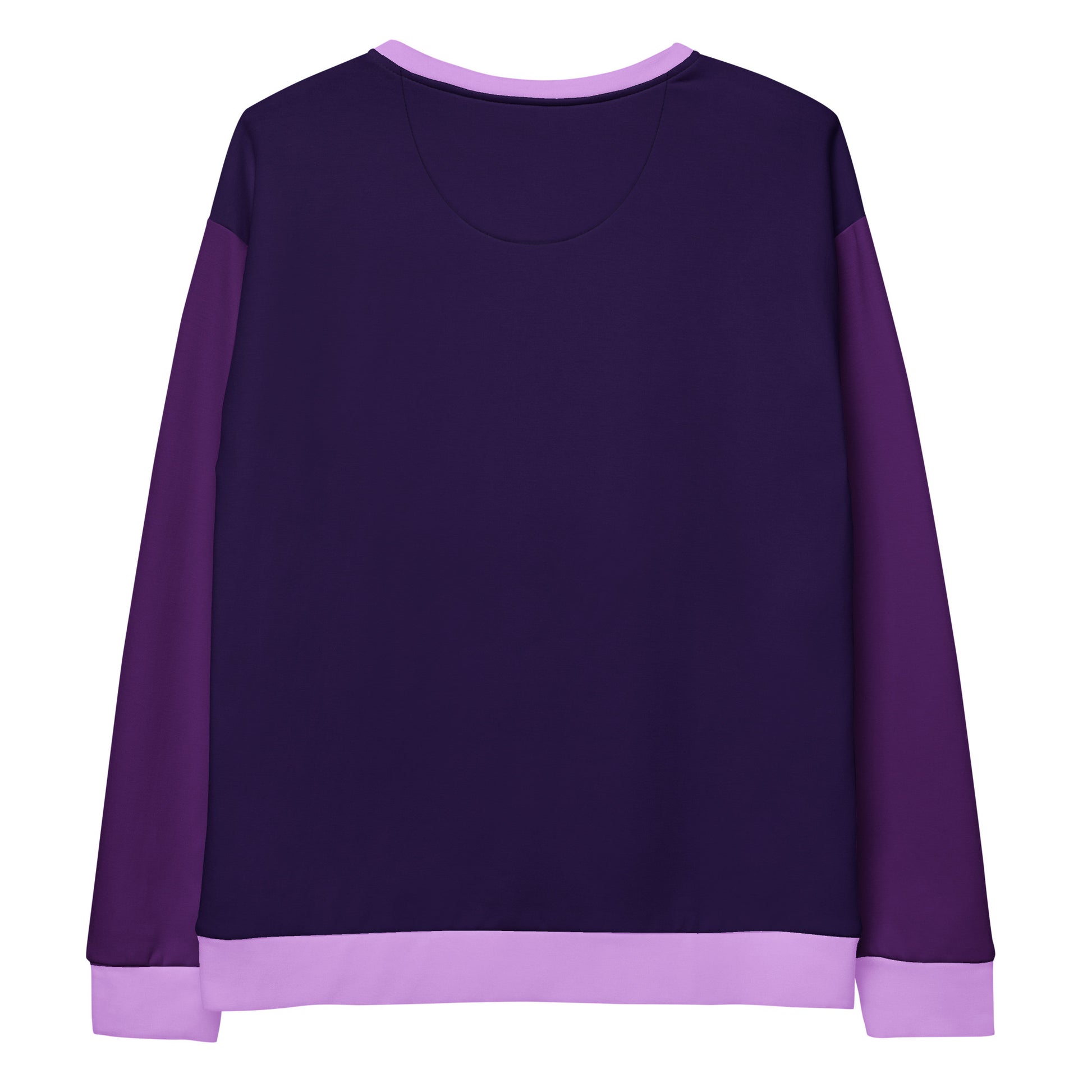 This unisex sweatshirt features a gradient of purple shades, with dark grape on the front and back, bright purple sleeves, and orchid purple collar, cuffs, and waistband.