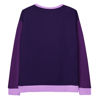 This unisex sweatshirt features a gradient of purple shades, with dark grape on the front and back, bright purple sleeves, and orchid purple collar, cuffs, and waistband.