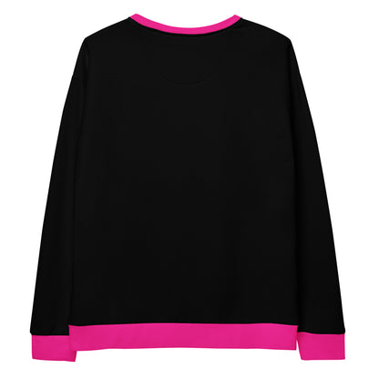 A unisex handmade pullover sweater, the sweater has a crewneck at the top, the entire sweater is black except for the collar of the sweater, the cuffs of each sleeve and the cuff along the bottom of the pullover which are all bright pink