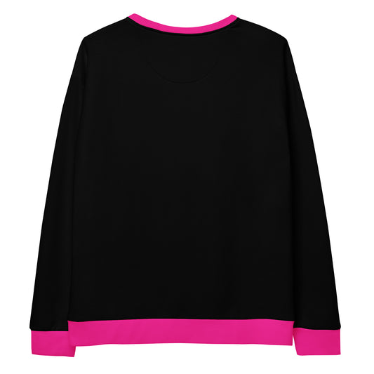 A unisex handmade pullover sweater, the sweater has a crewneck at the top, the entire sweater is black except for the collar of the sweater, the cuffs of each sleeve and the cuff along the bottom of the pullover which are all bright pink