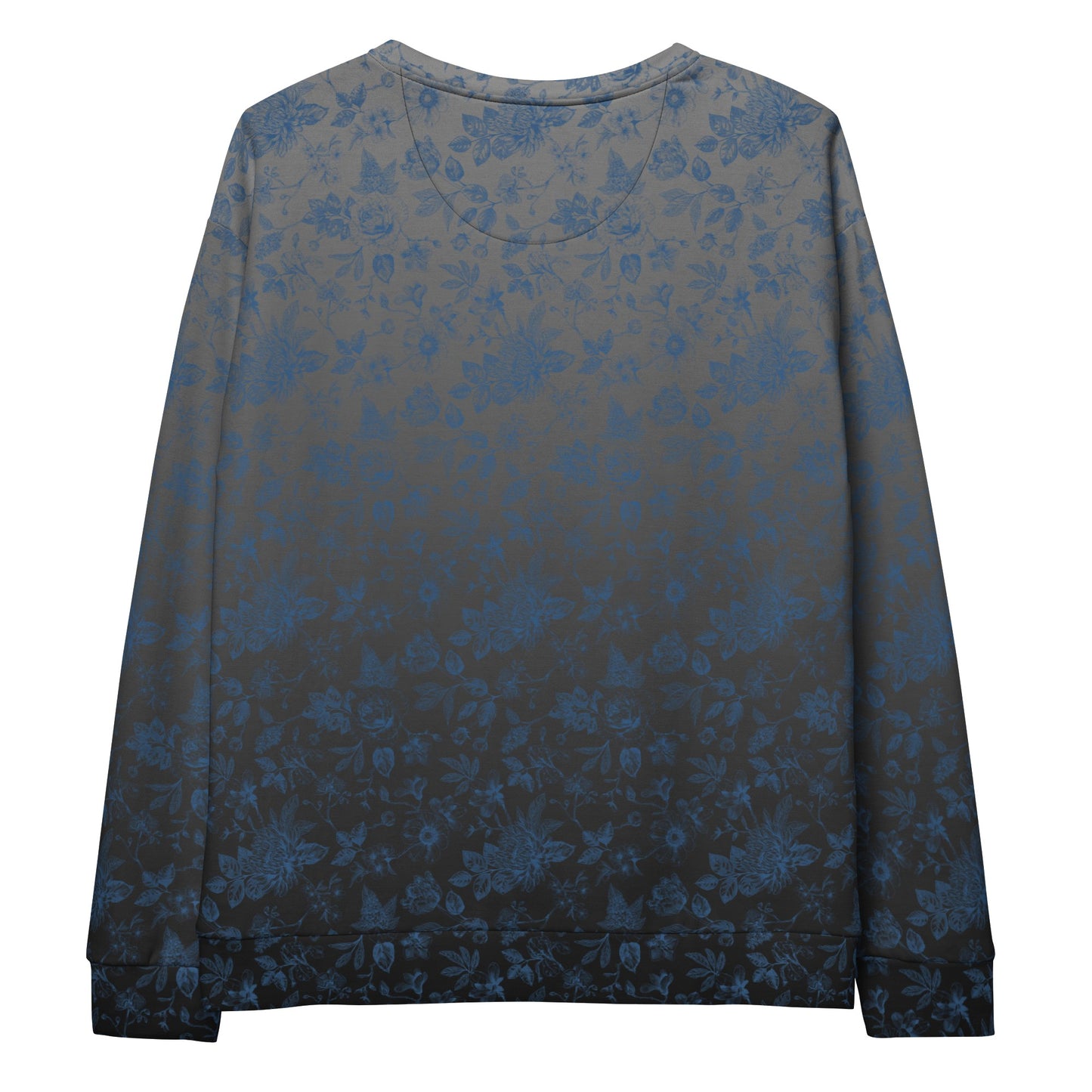 This custom women's all over print sweater has a silver to black ombre pattern starting at the neckline then fading to black at the bottom. There is a blue floral pattern overlayed on the top, perfect for anyone looking to stand out.