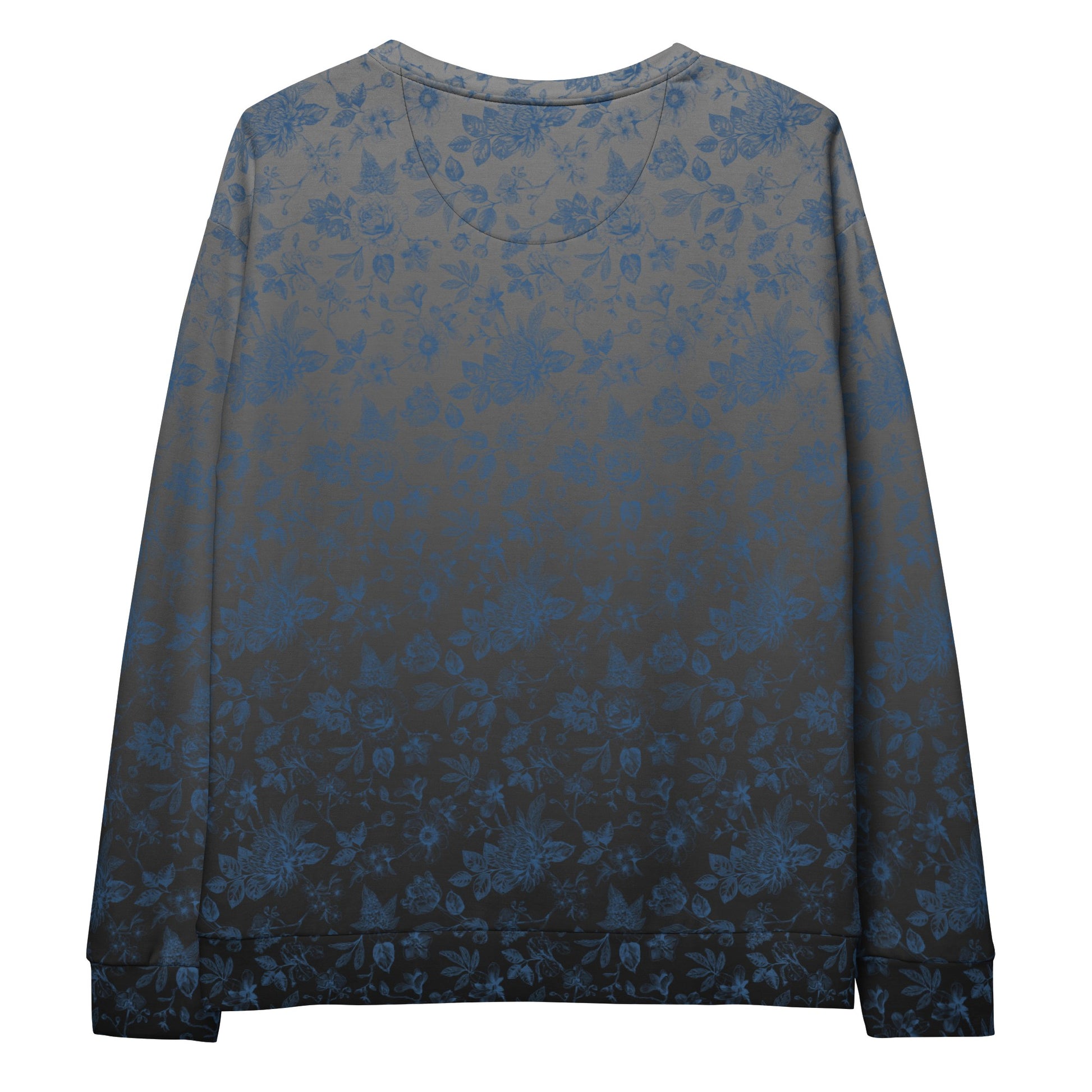 This custom women's all over print sweater has a silver to black ombre pattern starting at the neckline then fading to black at the bottom. There is a blue floral pattern overlayed on the top, perfect for anyone looking to stand out.
