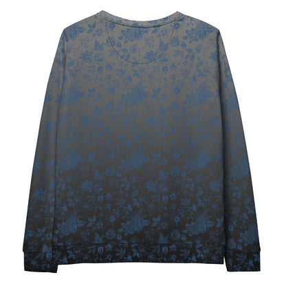 This custom women's all over print sweater has a silver to black ombre pattern starting at the neckline then fading to black at the bottom. There is a blue floral pattern overlayed on the top, perfect for anyone looking to stand out.