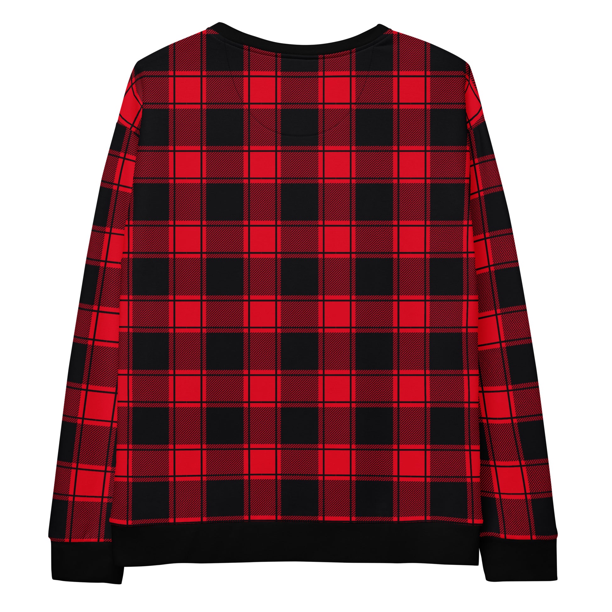 This custom handmade Christmas sweater is red and black plaid with black cuffs, waistband and neckline that makes the sweater stand out even more. Perfect for matching family Christmas morning sweaters.
