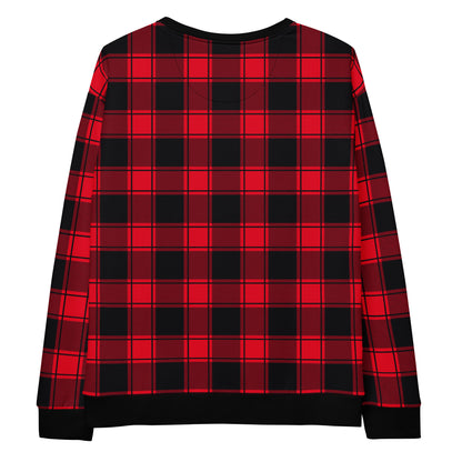 This custom handmade Christmas sweater is red and black plaid with black cuffs, waistband and neckline that makes the sweater stand out even more. Perfect for matching family Christmas morning sweaters.