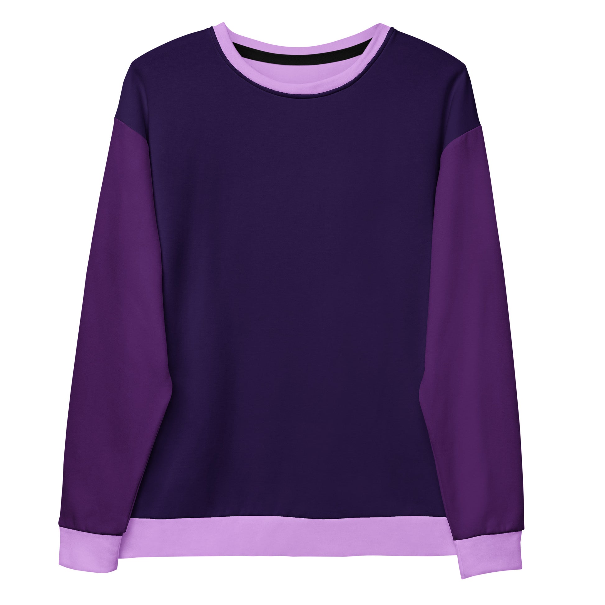   This unisex sweatshirt features a gradient of purple shades, with dark grape on the front and back, bright purple sleeves, and orchid purple collar, cuffs, and waistband.