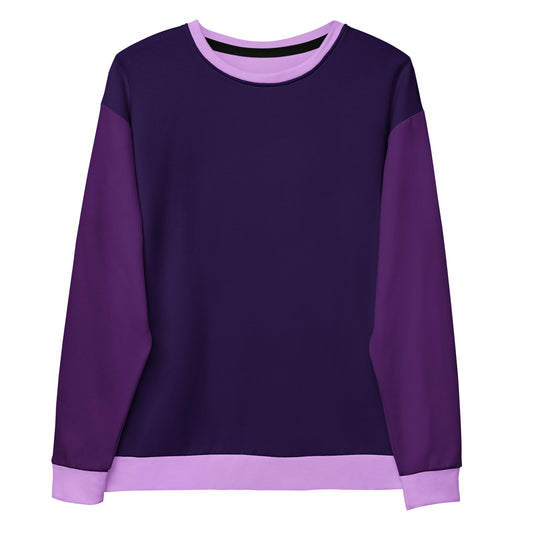   This unisex sweatshirt features a gradient of purple shades, with dark grape on the front and back, bright purple sleeves, and orchid purple collar, cuffs, and waistband.