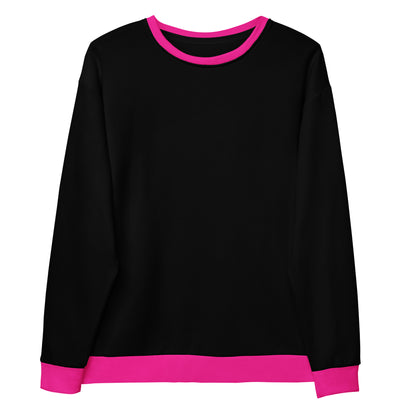 A unisex handmade pullover sweater, the sweater has a crewneck at the top, the entire sweater is black except for the collar of the sweater, the cuffs of each sleeve and the cuff along the bottom of the pullover which are all bright pink