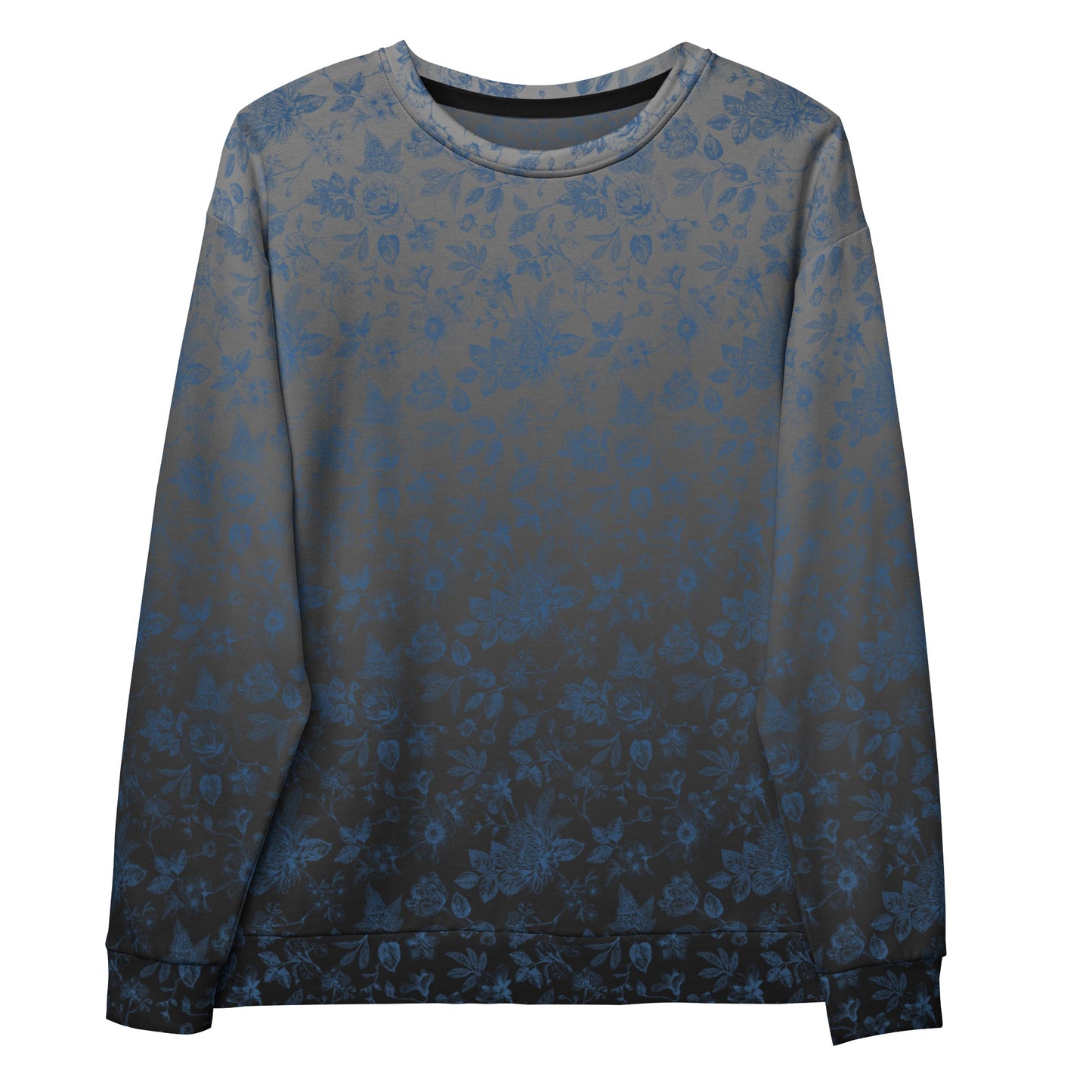 This custom women's all over print sweater has a silver to black ombre pattern starting at the neckline then fading to black at the bottom. There is a blue floral pattern overlayed on the top, perfect for anyone looking to stand out.