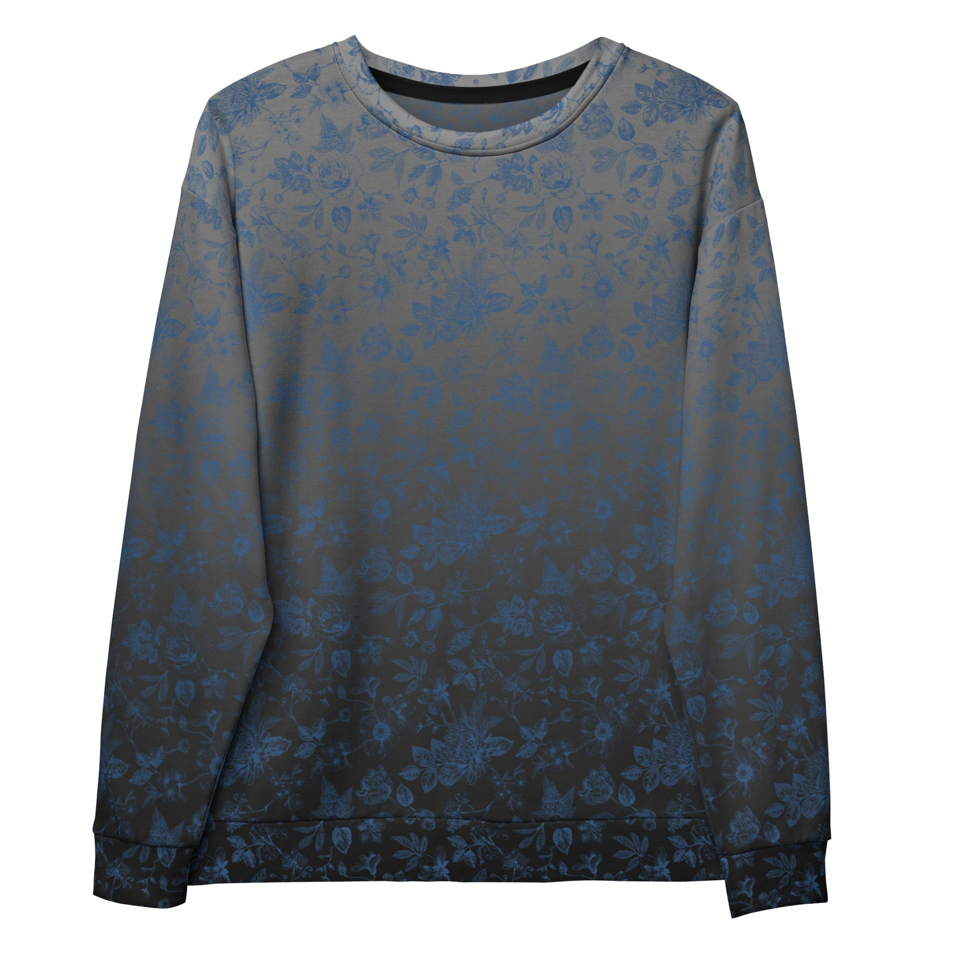 This custom women's all over print sweater has a silver to black ombre pattern starting at the neckline then fading to black at the bottom. There is a blue floral pattern overlayed on the top, perfect for anyone looking to stand out.