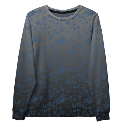 This custom women's all over print sweater has a silver to black ombre pattern starting at the neckline then fading to black at the bottom. There is a blue floral pattern overlayed on the top, perfect for anyone looking to stand out.