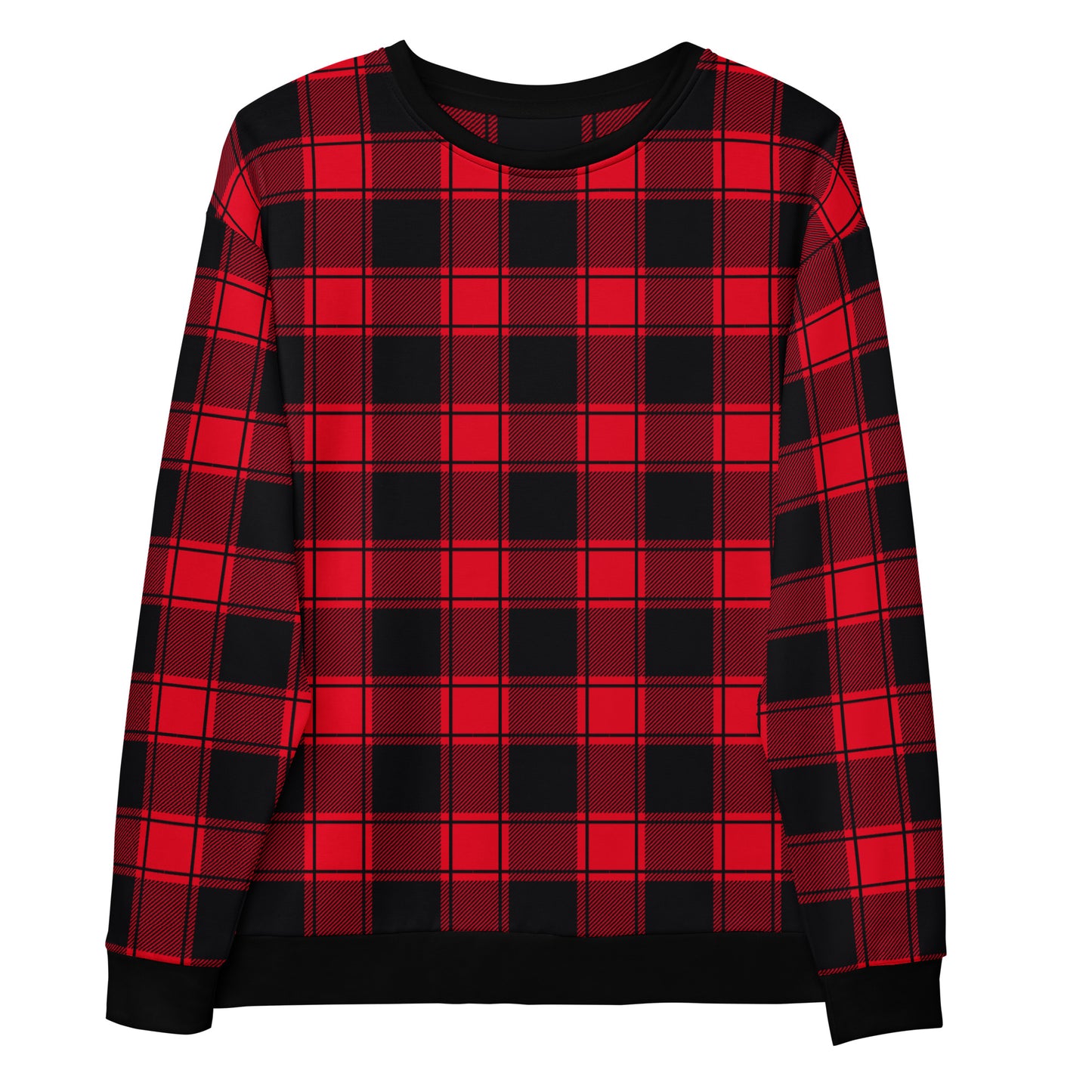This custom handmade Christmas sweater is red and black plaid with black cuffs, waistband and neckline that makes the sweater stand out even more. Perfect for matching family Christmas morning sweaters.