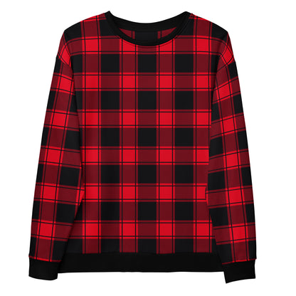 This custom handmade Christmas sweater is red and black plaid with black cuffs, waistband and neckline that makes the sweater stand out even more. Perfect for matching family Christmas morning sweaters.