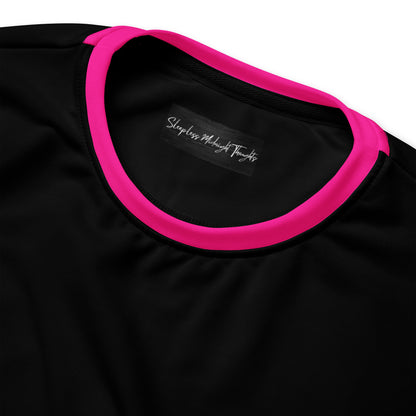 A unisex handmade pullover sweater, the sweater has a crewneck at the top, the entire sweater is black except for the collar of the sweater, the cuffs of each sleeve and the cuff along the bottom of the pullover which are all bright pink