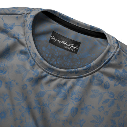 This custom women's all over print sweater has a silver to black ombre pattern starting at the neckline then fading to black at the bottom. There is a blue floral pattern overlayed on the top, perfect for anyone looking to stand out.