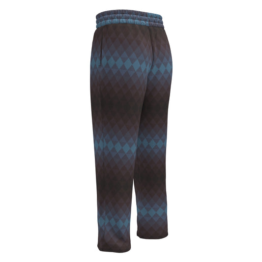 A pair of unisex wide leg sweatpants that have a ombre diamond pattern that fades from deep maroon to a light blue to a turquoise blue then back to a deep maroon again.