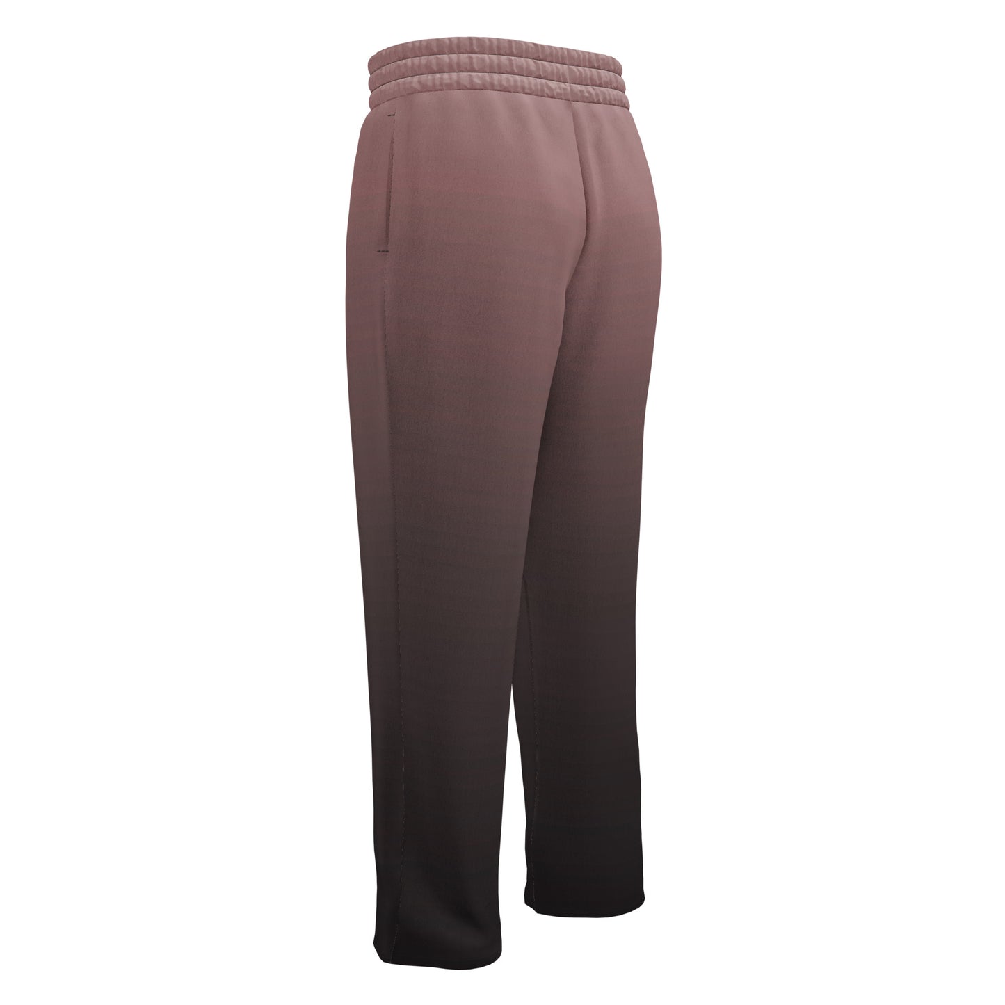 The super soft pair of wide leg unisex joggers that have a ombre pattern starting as a light mauve color on the top of the sweats and fading to a black color at the bottom of the sweats.