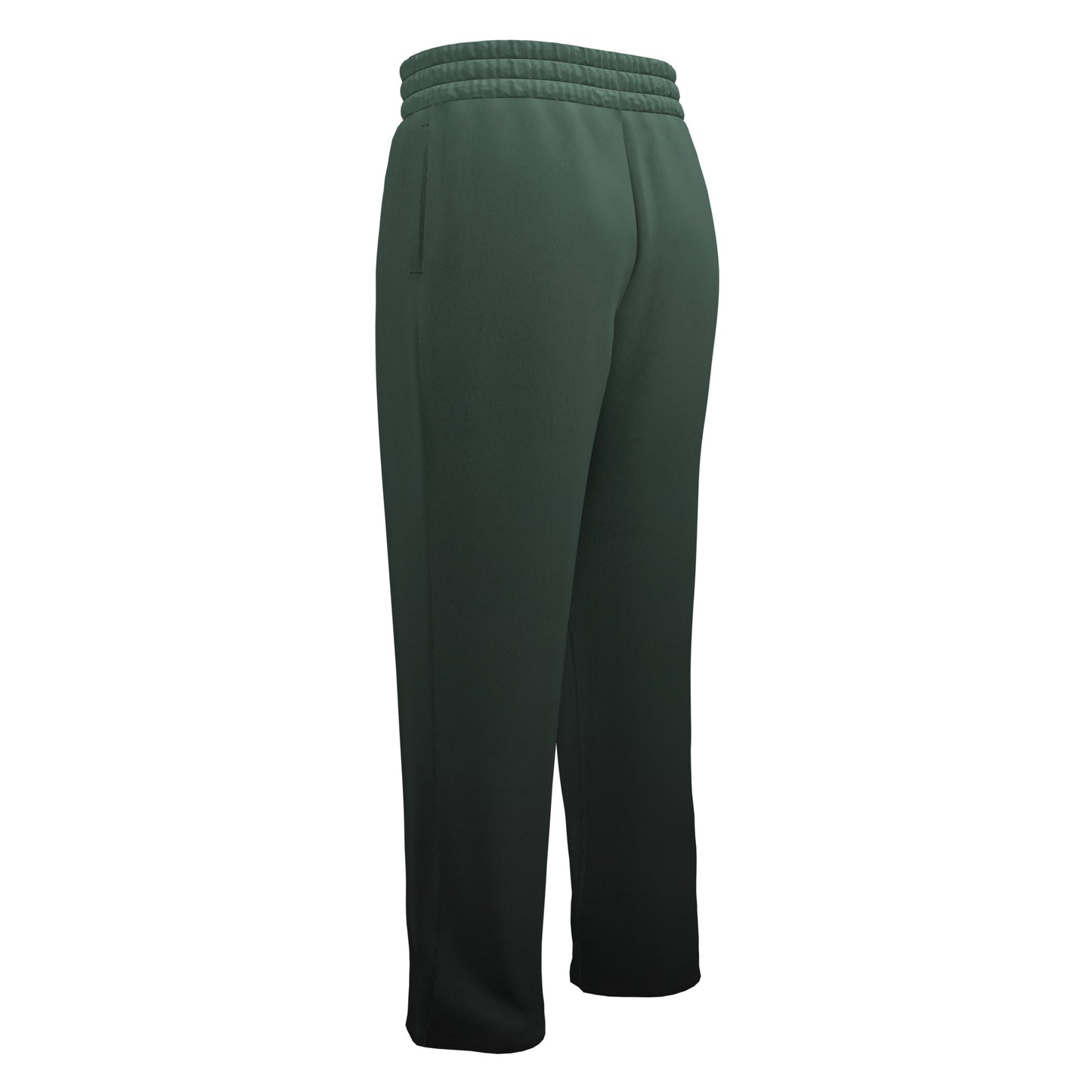 A custom pair of handmade unisex joggers that have an ombre pattern, the top of the pants have a teal green color that shifts to black at the bottom of the sweatpants, there is a black tie around the waist.