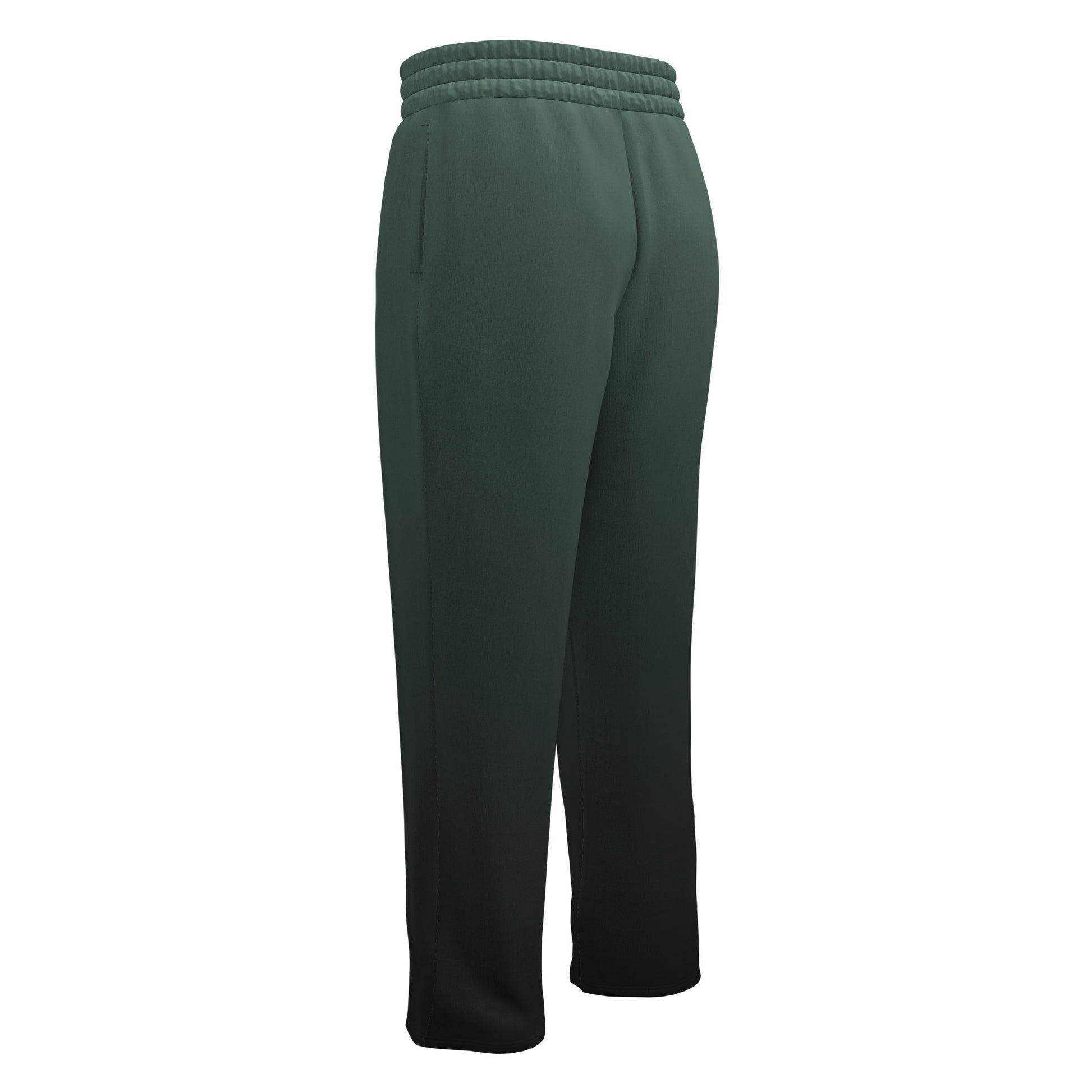A custom pair of handmade unisex joggers that have an ombre pattern, the top of the pants have a teal green color that shifts to black at the bottom of the sweatpants, there is a black tie around the waist.