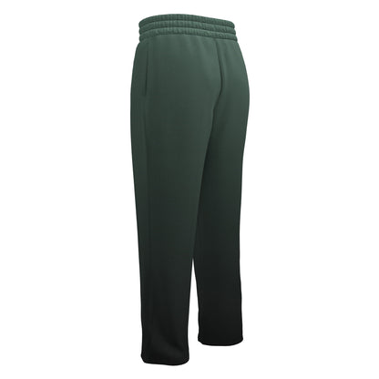 A custom pair of handmade unisex joggers that have an ombre pattern, the top of the pants have a teal green color that shifts to black at the bottom of the sweatpants, there is a black tie around the waist.