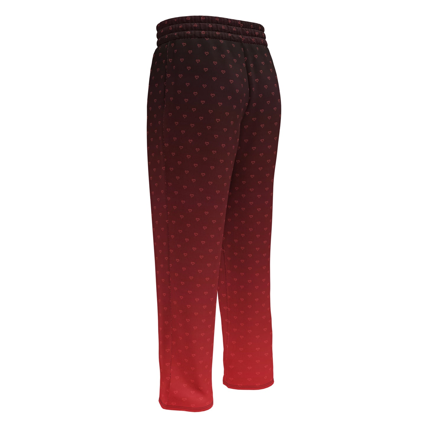 A pair of wide leg ombre sweatpants with the top of the sweats being black and then it fading to a bright red at the bottom of the pants, there are a bunch of red hearts overlayed on the top that then blend into the same shade of red at the bottom of the sweats.