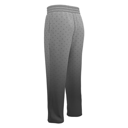 A pair of custom wide leg ombre sweatpants starting off as a light grey at the top then fading to a dark slate at the bottom, there is a dark slate grey heart pattern overlayed on the top that fades into the bottom of the sweatpants.