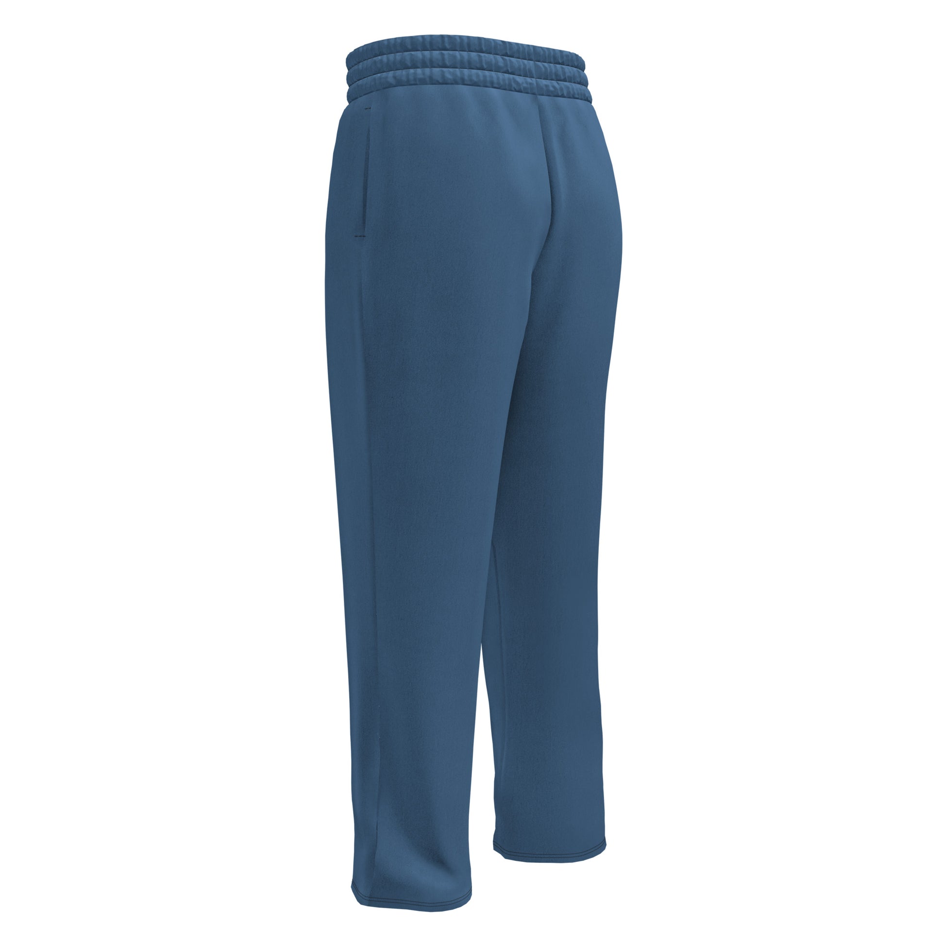 A pair of unisex wide leg joggers that are a ocean blue color from the top to the bottom with the strings of the sweats being black.