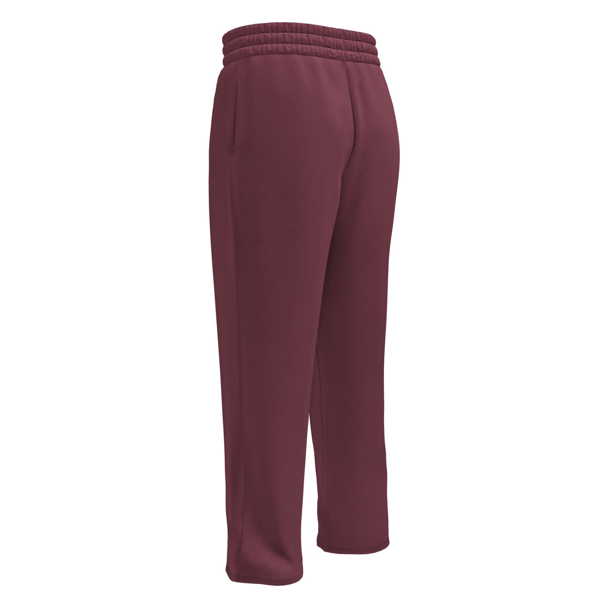 These wide legged joggers are all a deep maroon in color from top to bottom with black strings around the waistband.