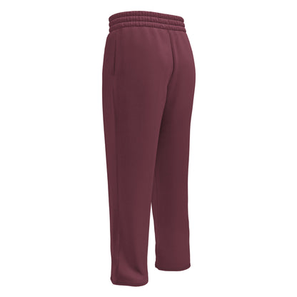 These wide legged joggers are all a deep maroon in color from top to bottom with black strings around the waistband.