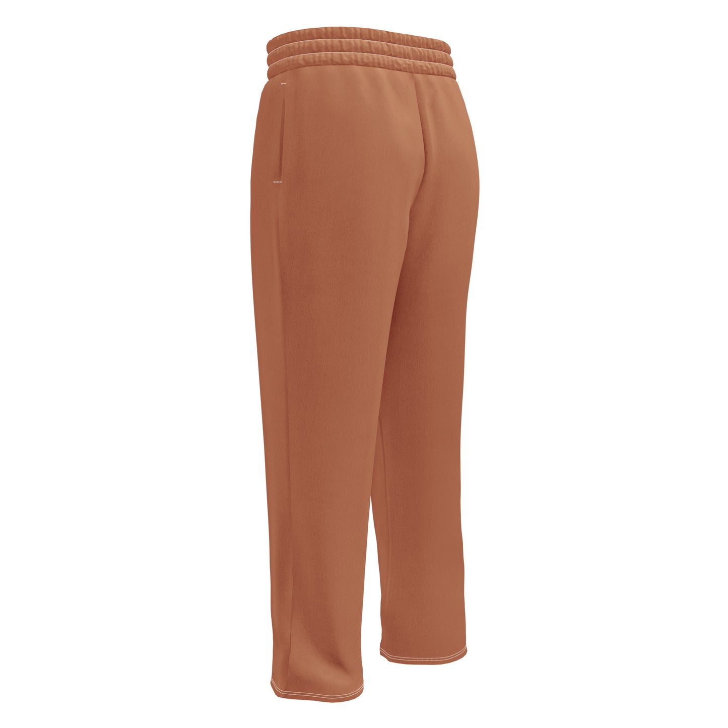 A custom pair of wide leg joggers that are a light caramel brown in color and have white strings around the waistband.