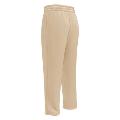 A pair of wide legged custom joggers that are light beige in color with white strings around the waistband.