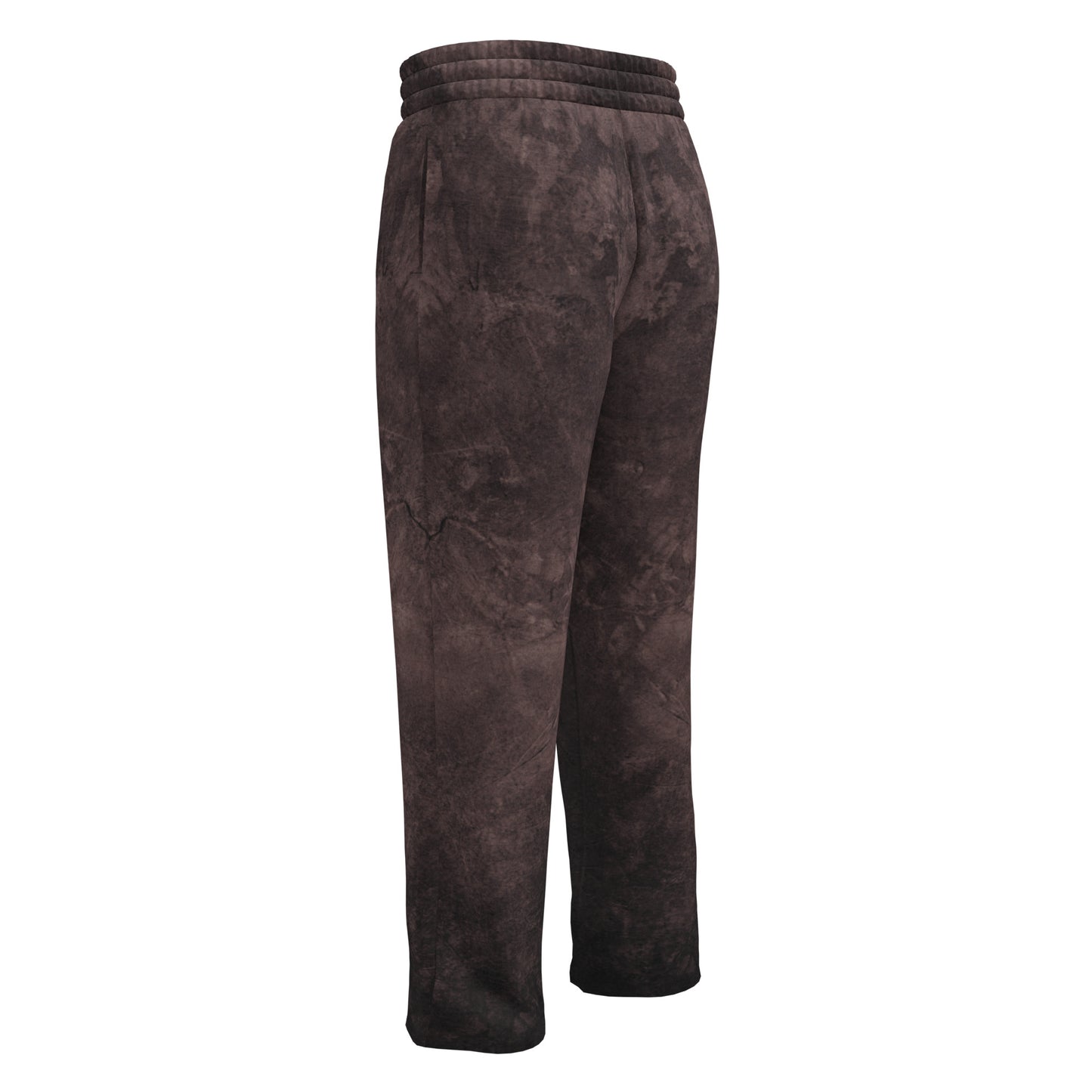 A pair of custom wide leg joggers that have a dark washed brown pattern all over the pants and come with a black string around the waistband.